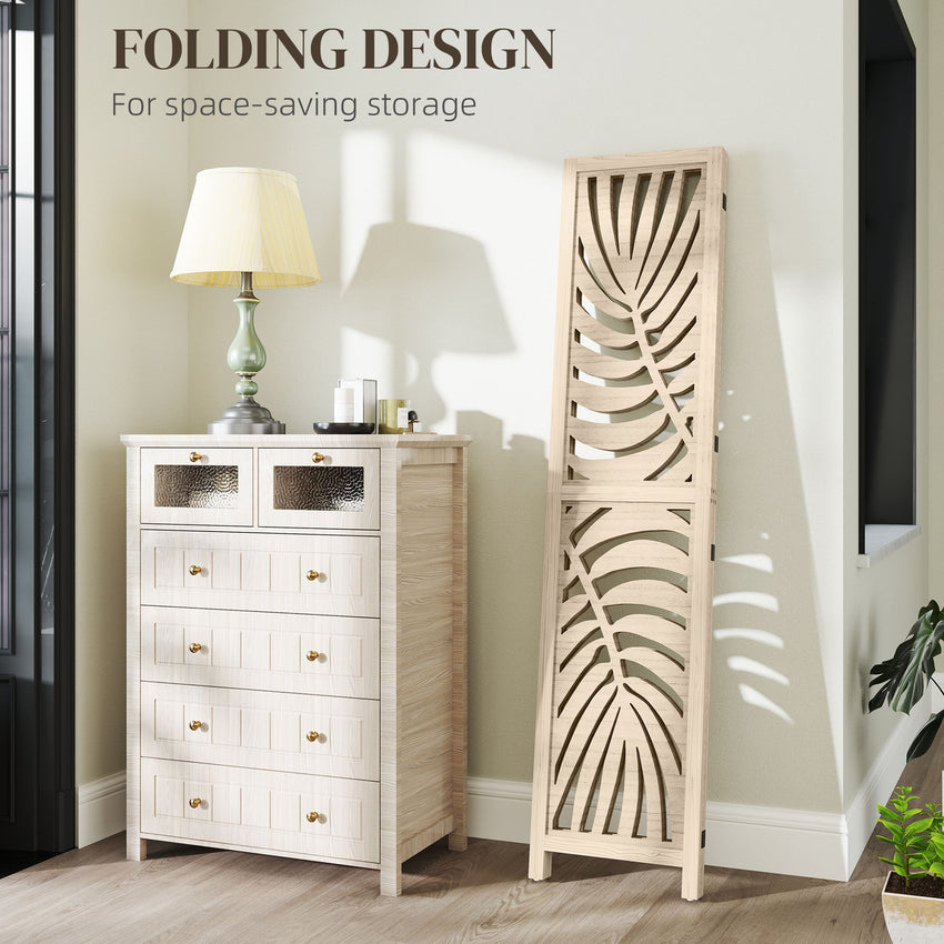 3 Panel Room Divider, Detachable Folding Privacy Screens with Palm Leaf Design for Home Office, Natural Wood Finish