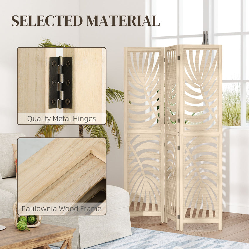 3 Panel Room Divider, Detachable Folding Privacy Screens with Palm Leaf Design for Home Office, Natural Wood Finish