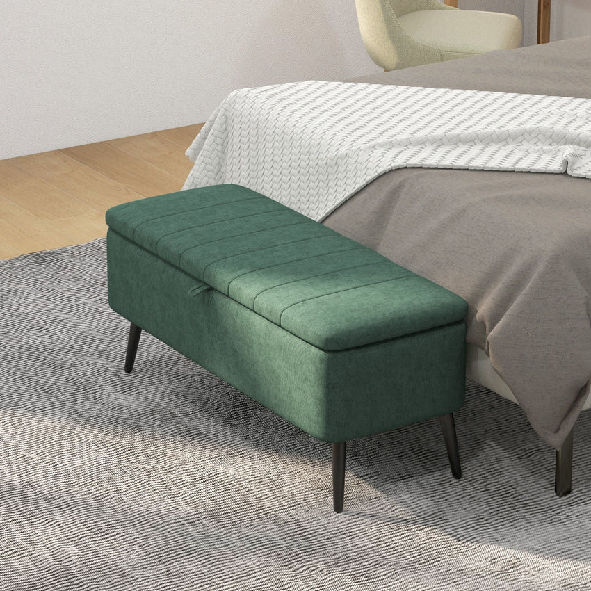 40" Ottoman with Storage, Linen Upholstered Storage Ottoman Bench with Steel Legs for Living Room, Bedroom Dark Green