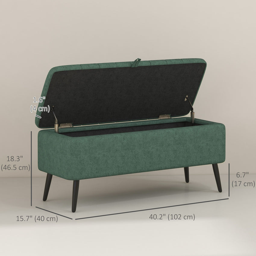 40" Ottoman with Storage, Linen Upholstered Storage Ottoman Bench with Steel Legs for Living Room, Bedroom Dark Green