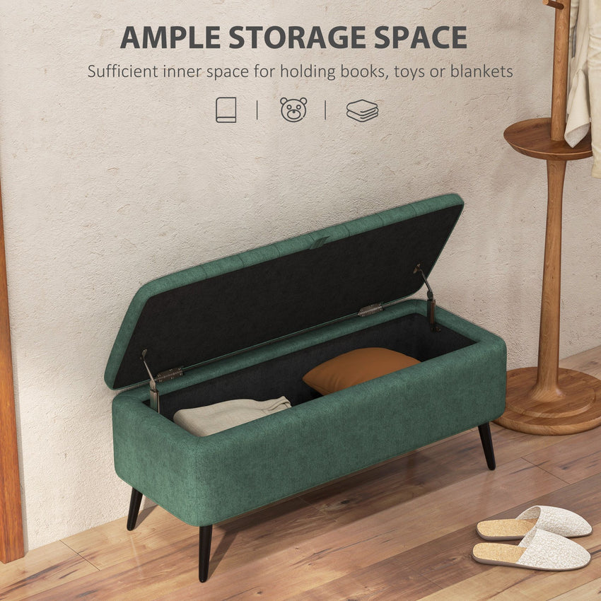 40" Ottoman with Storage, Linen Upholstered Storage Ottoman Bench with Steel Legs for Living Room, Bedroom Dark Green