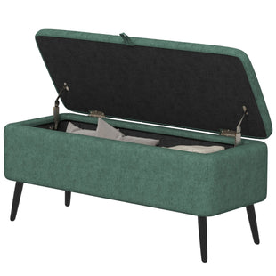 40" Ottoman with Storage, Linen Upholstered Storage Ottoman Bench with Steel Legs for Living Room, Bedroom Dark Green