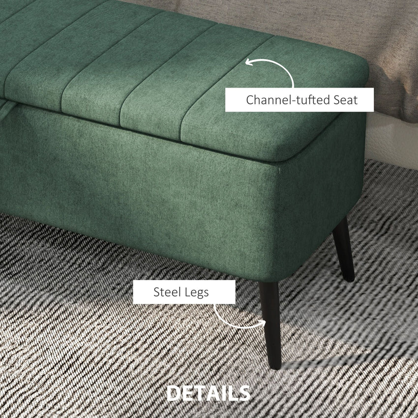 40" Ottoman with Storage, Linen Upholstered Storage Ottoman Bench with Steel Legs for Living Room, Bedroom Dark Green