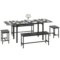 Extendable Dining Table Set, 5-Piece Dining Set for 4-6 with 2 Benches and 2 Stools for Small Spaces, Black