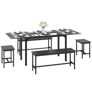 Extendable Dining Table Set, 5-Piece Dining Set for 4-6 with 2 Benches and 2 Stools for Small Spaces, Black