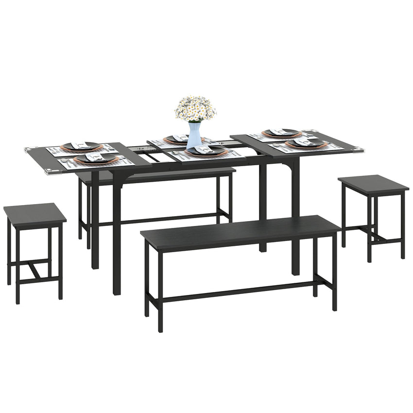 Extendable Dining Table Set, 5-Piece Dining Set for 4-6 with 2 Benches and 2 Stools for Small Spaces, Black