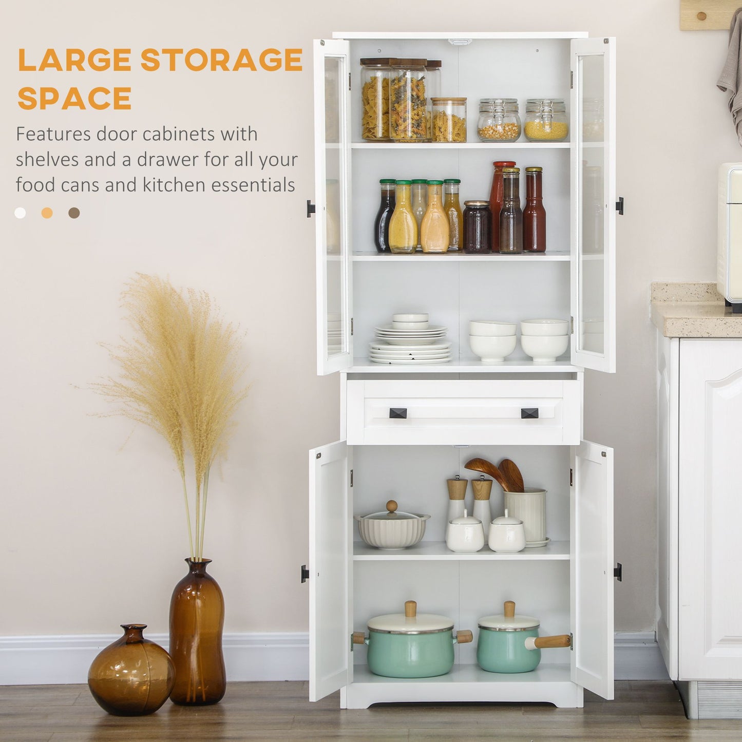 63" 4-Door Kitchen Pantry Cabinet, Freestanding Storage Cabinet Cupboard with Adjustable Shelves, White
