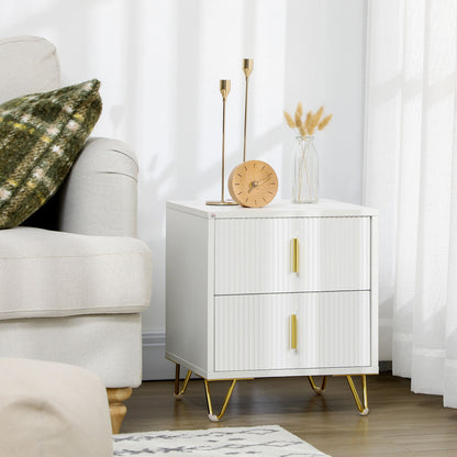 Bedside Table, Modern Nightstand with 2 Drawers, Side End Table with Metal Legs for Living Room, Bedroom, White