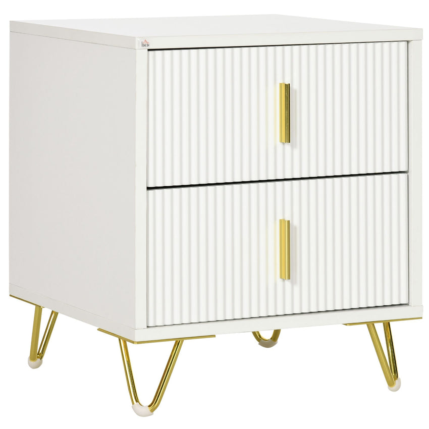 Bedside Table, Modern Nightstand with 2 Drawers, Side End Table with Metal Legs for Living Room, Bedroom, White