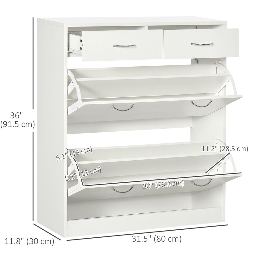 Narrow Shoe Storage with 2 Flip Drawers and Adjustable Shelves Shoe Cabinet Organizer for 12 Pairs of Shoes, White