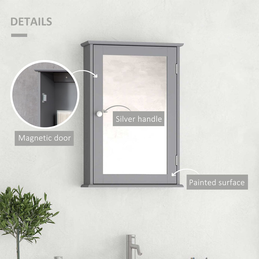 Bathroom Mirror Cabinet, Wall Mounted Medicine Cabinet with Door and Shelves, Grey