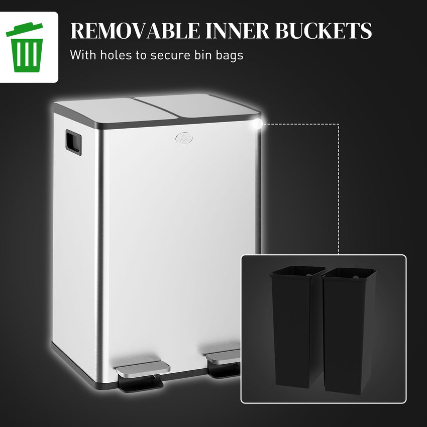 Dual Garbage Bin with Foot Pedal - 2 x 28 Litre Garbage Can with Removable Inner Buckets, Silver