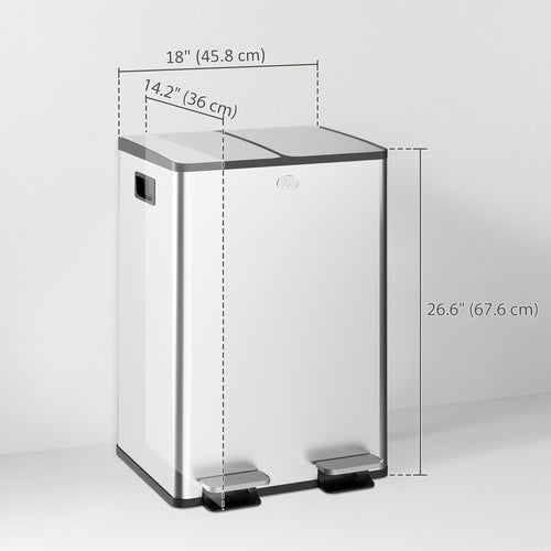 Dual Garbage Bin with Foot Pedal - 2 x 28 Litre Garbage Can with Removable Inner Buckets, Silver