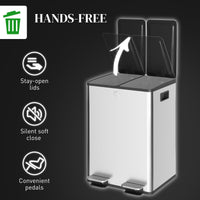 Dual Garbage Bin with Foot Pedal - 2 x 28 Litre Garbage Can with Removable Inner Buckets, Silver