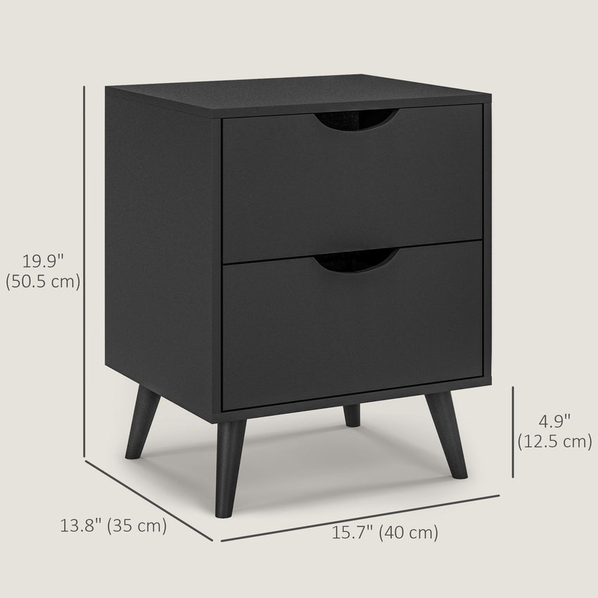Modern Bedside Table, Nightstand with 2 Drawers and Pine Wood Legs for Bedroom, Living Room, Black