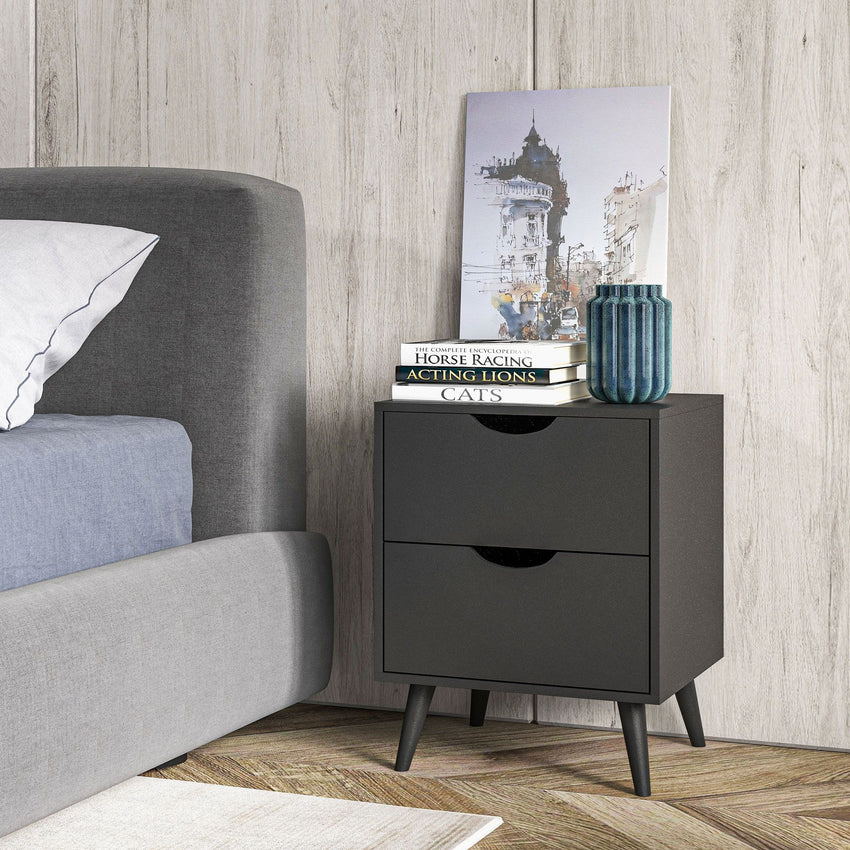 Modern Bedside Table, Nightstand with 2 Drawers and Pine Wood Legs for Bedroom, Living Room, Black