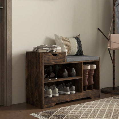 Upholstered Shoe Storage Bench, Hallway Shoe Storage with Seat, Drawer, 3 Open Shelves for Entryway, Rustic Brown