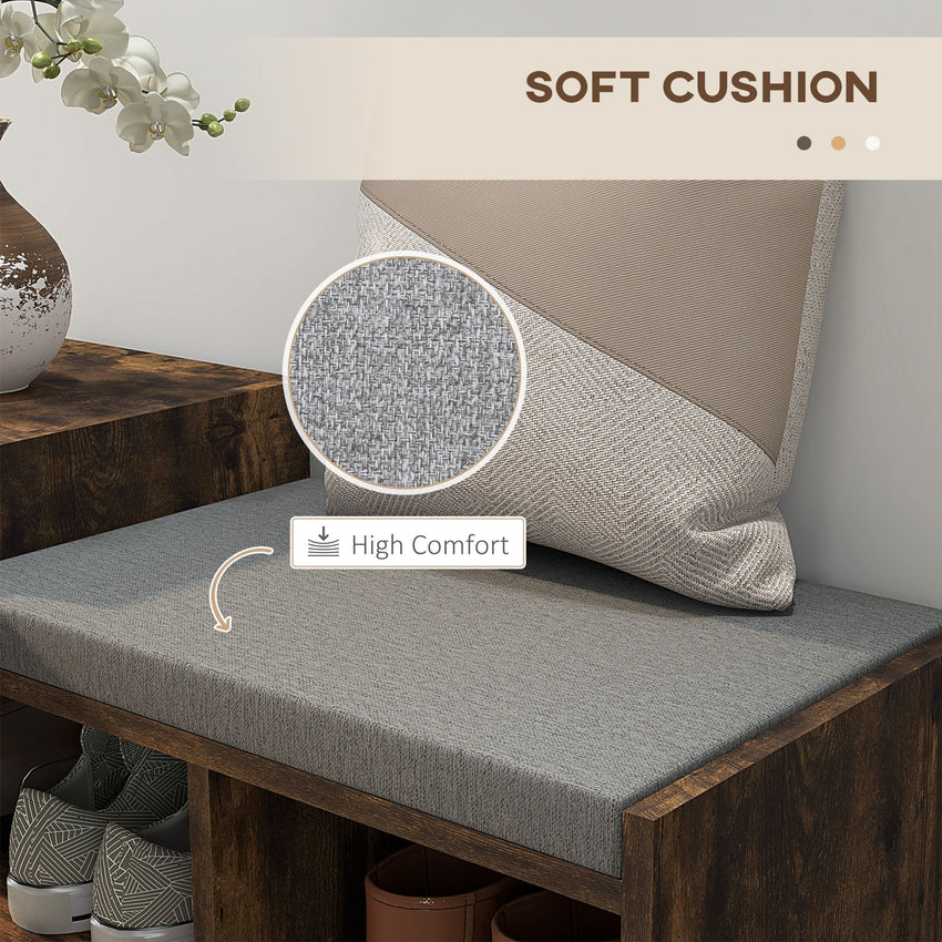 Upholstered Shoe Storage Bench, Hallway Shoe Storage with Seat, Drawer, 3 Open Shelves for Entryway, Rustic Brown