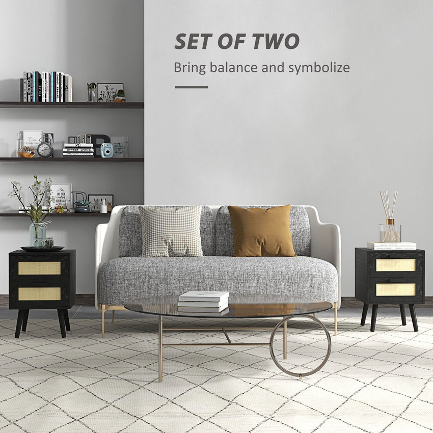 Boho Nightstands Set of 2, Bedside Tables with 2 Drawers for Living Room, Bedroom, Black