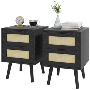 Boho Nightstands Set of 2, Bedside Tables with 2 Drawers for Living Room, Bedroom, Black