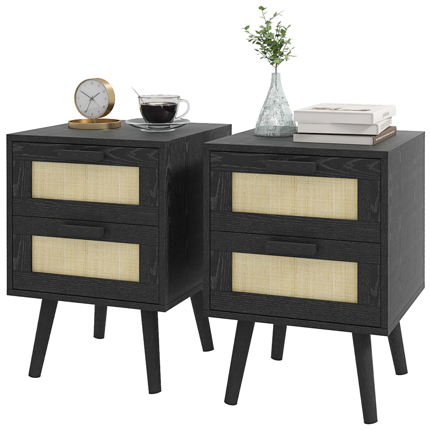 Boho Nightstands Set of 2, Bedside Tables with 2 Drawers for Living Room, Bedroom, Black