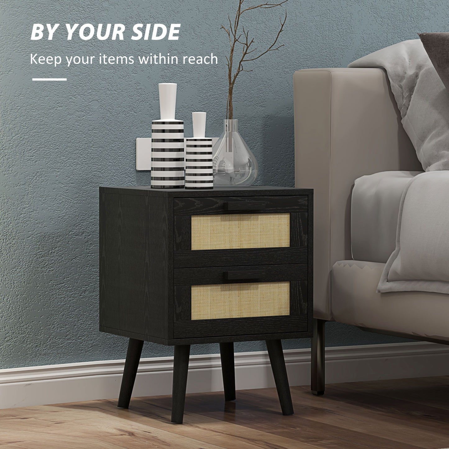 Boho Nightstands Set of 2, Bedside Tables with 2 Drawers for Living Room, Bedroom, Black