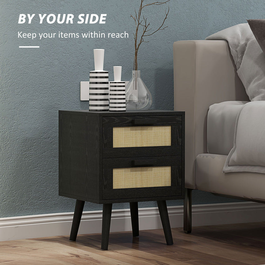 Boho Nightstands Set of 2, Bedside Tables with 2 Drawers for Living Room, Bedroom, Black