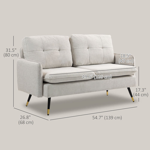 Modern 55" Loveseat, Fabric Love Seat Sofa with Button Tufted Back, Steel Legs for Bedroom, Living Room, Cream White
