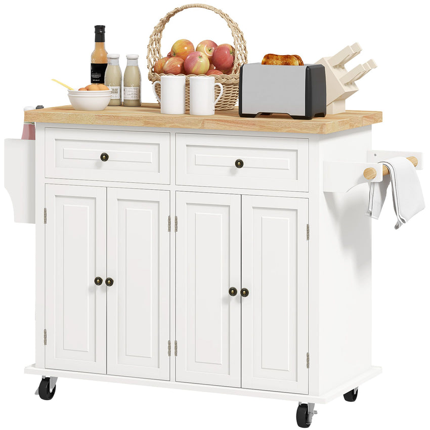 Kitchen Island with Storage, Rolling Trolley Cart with Rubber Wood Top, Spice Rack, Towel Rack, Cream White