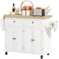 Kitchen Island with Storage, Rolling Trolley Cart with Rubber Wood Top, Spice Rack, Towel Rack, Cream White