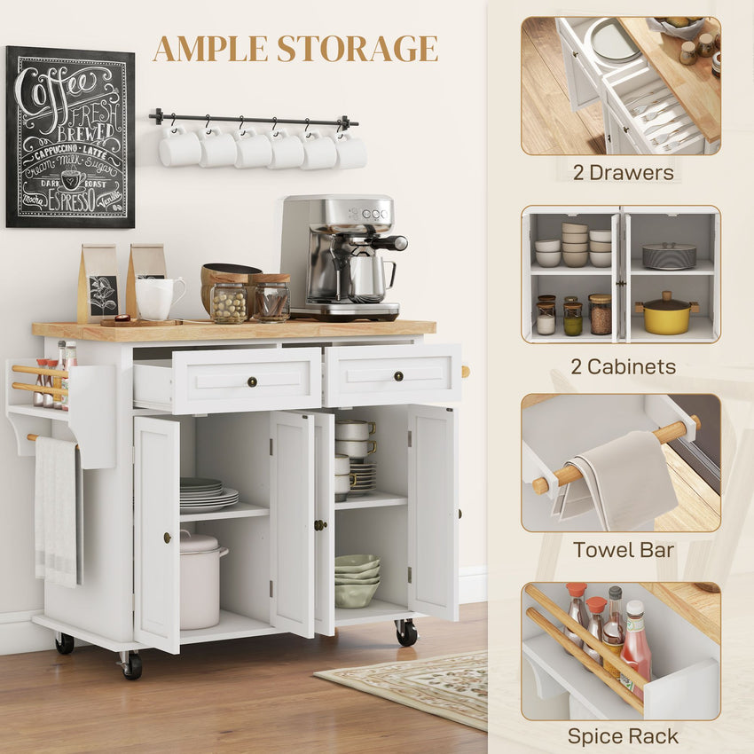 Kitchen Island with Storage, Rolling Trolley Cart with Rubber Wood Top, Spice Rack, Towel Rack, Cream White