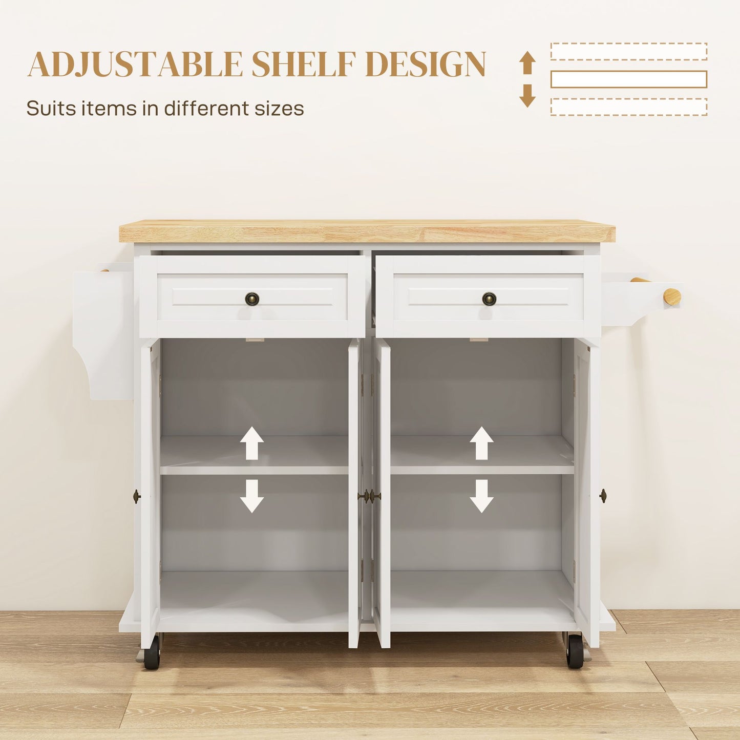 Kitchen Island with Storage, Rolling Trolley Cart with Rubber Wood Top, Spice Rack, Towel Rack, Cream White