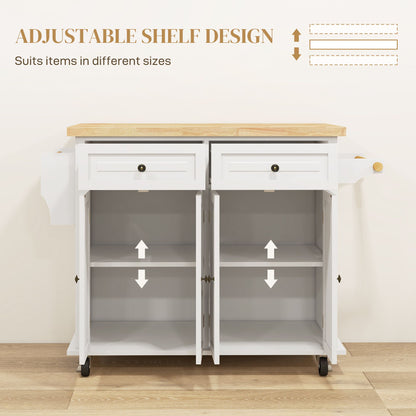 Kitchen Island with Storage, Rolling Trolley Cart with Rubber Wood Top, Spice Rack, Towel Rack, Cream White