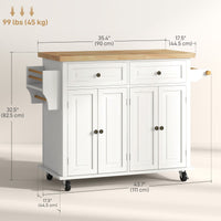 Kitchen Island with Storage, Rolling Trolley Cart with Rubber Wood Top, Spice Rack, Towel Rack, Cream White
