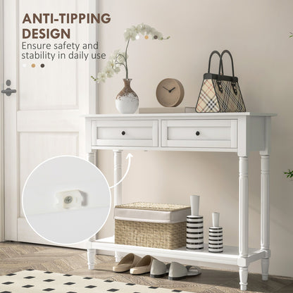 Hallway Console Table, Modern Entryway Table with 2 Drawers, Storage Shelf, Turned Legs for Living Room, Bedroom, White