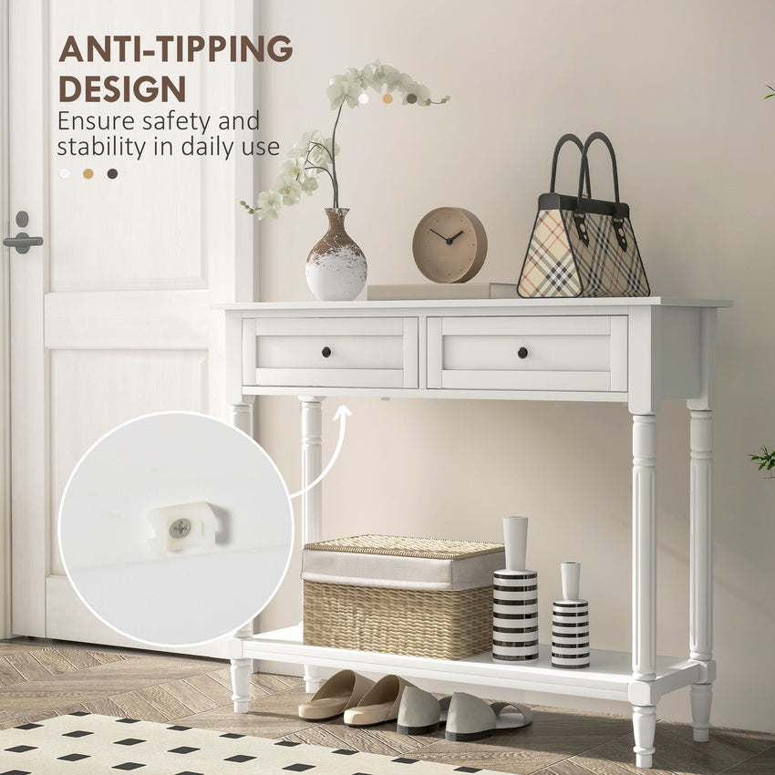 Hallway Console Table, Modern Entryway Table with 2 Drawers, Storage Shelf, Turned Legs for Living Room, Bedroom, White