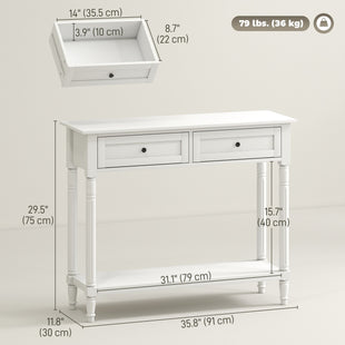 Hallway Console Table, Modern Entryway Table with 2 Drawers, Storage Shelf, Turned Legs for Living Room, Bedroom, White