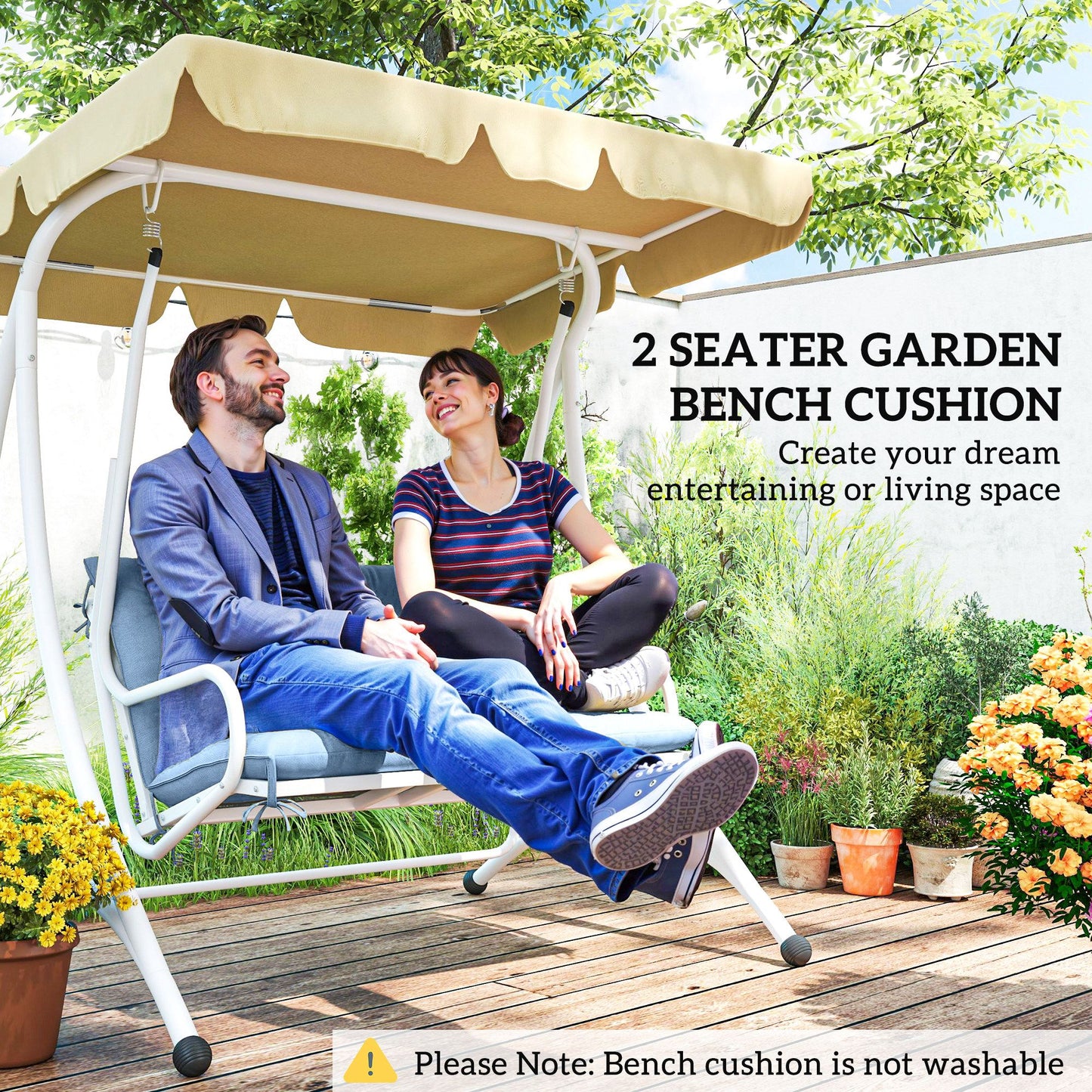 Garden Bench Cushion with Backrest, Non-Slip 2 Seater Thick Pad with Ties, Blue