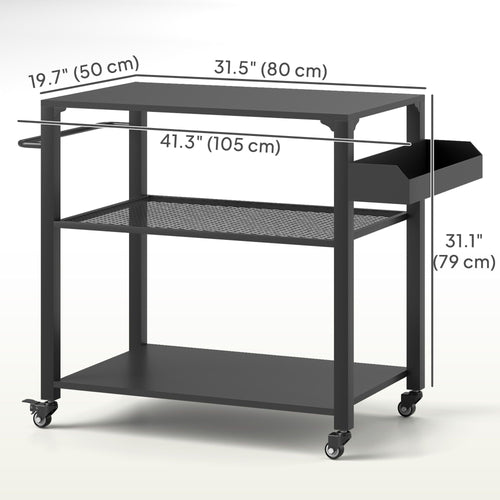 3-Tier Outdoor Grill Dining Cart with Storage Rack, Pizza Oven Stand with Side Handle, 4 Wheels for Backyard Party