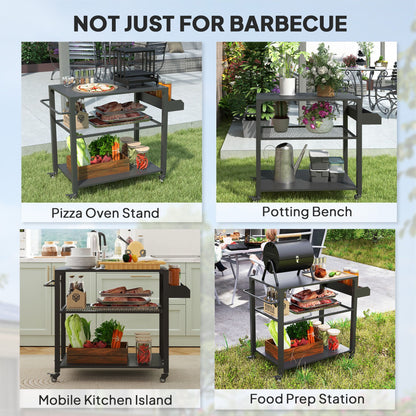3-Tier Outdoor Grill Dining Cart with Storage Rack, Pizza Oven Stand with Side Handle, 4 Wheels for Backyard Party