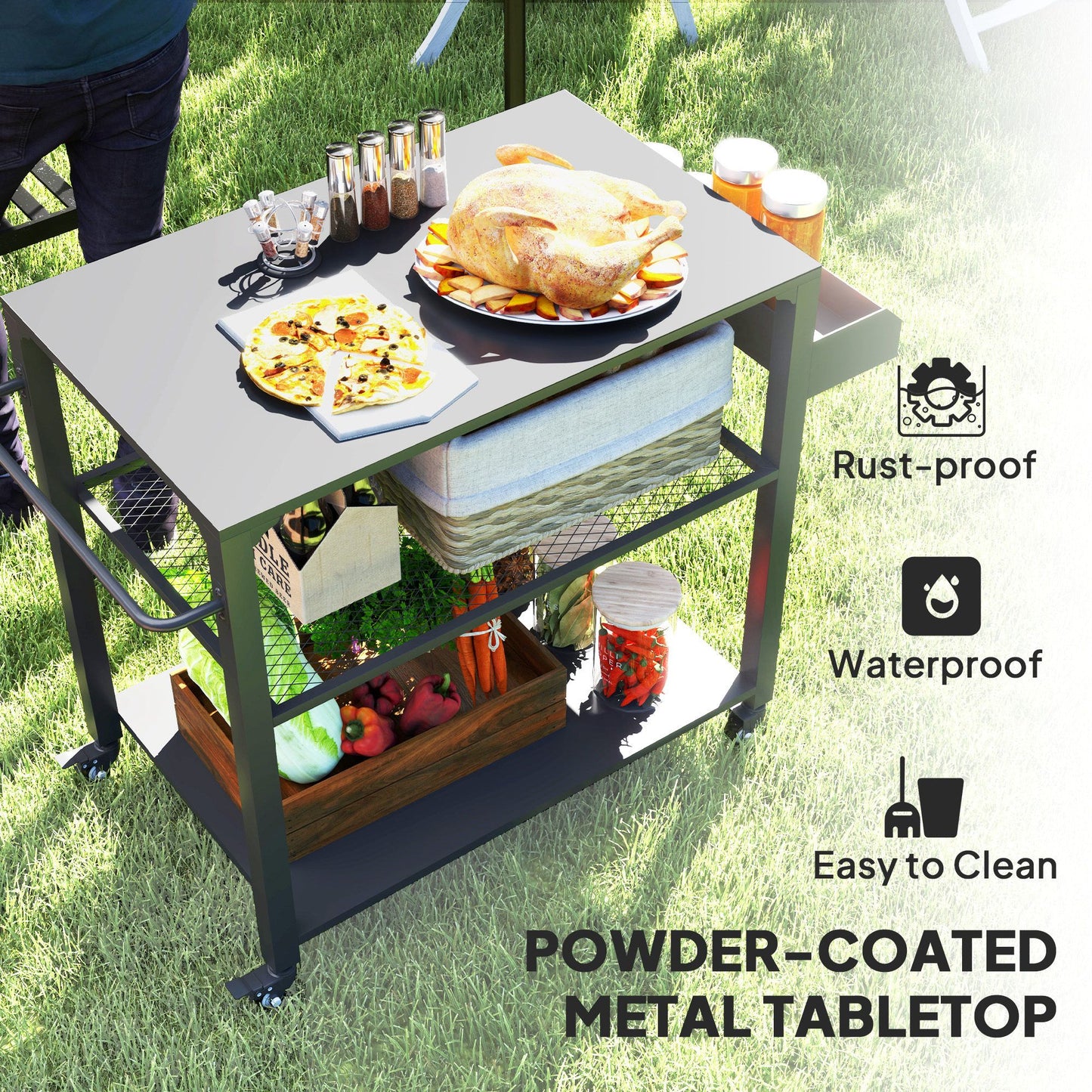 3-Tier Outdoor Grill Dining Cart with Storage Rack, Pizza Oven Stand with Side Handle, 4 Wheels for Backyard Party