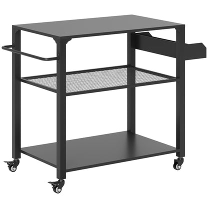3-Tier Outdoor Grill Dining Cart with Storage Rack, Pizza Oven Stand with Side Handle, 4 Wheels for Backyard Party