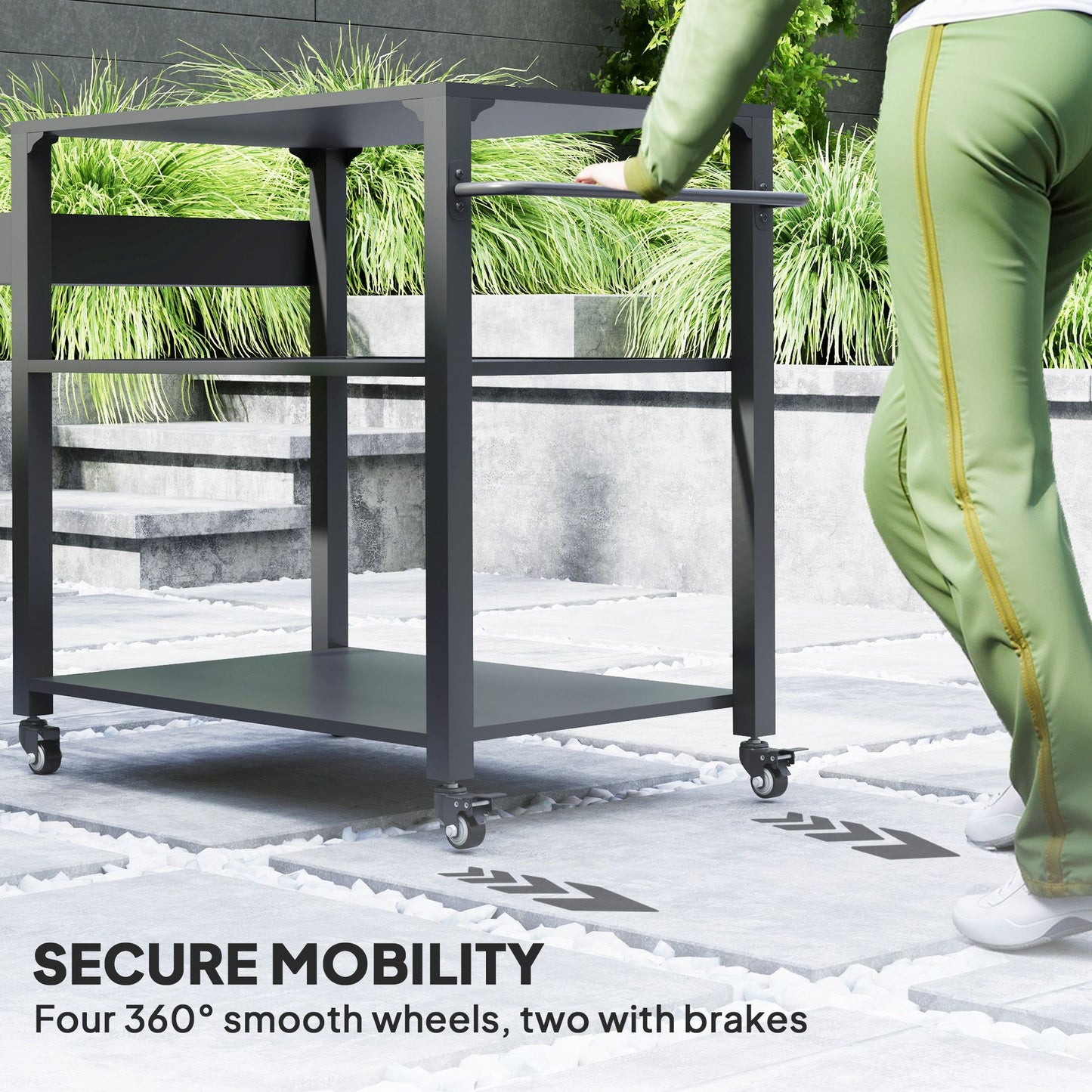 3-Tier Outdoor Grill Dining Cart with Storage Rack, Pizza Oven Stand with Side Handle, 4 Wheels for Backyard Party