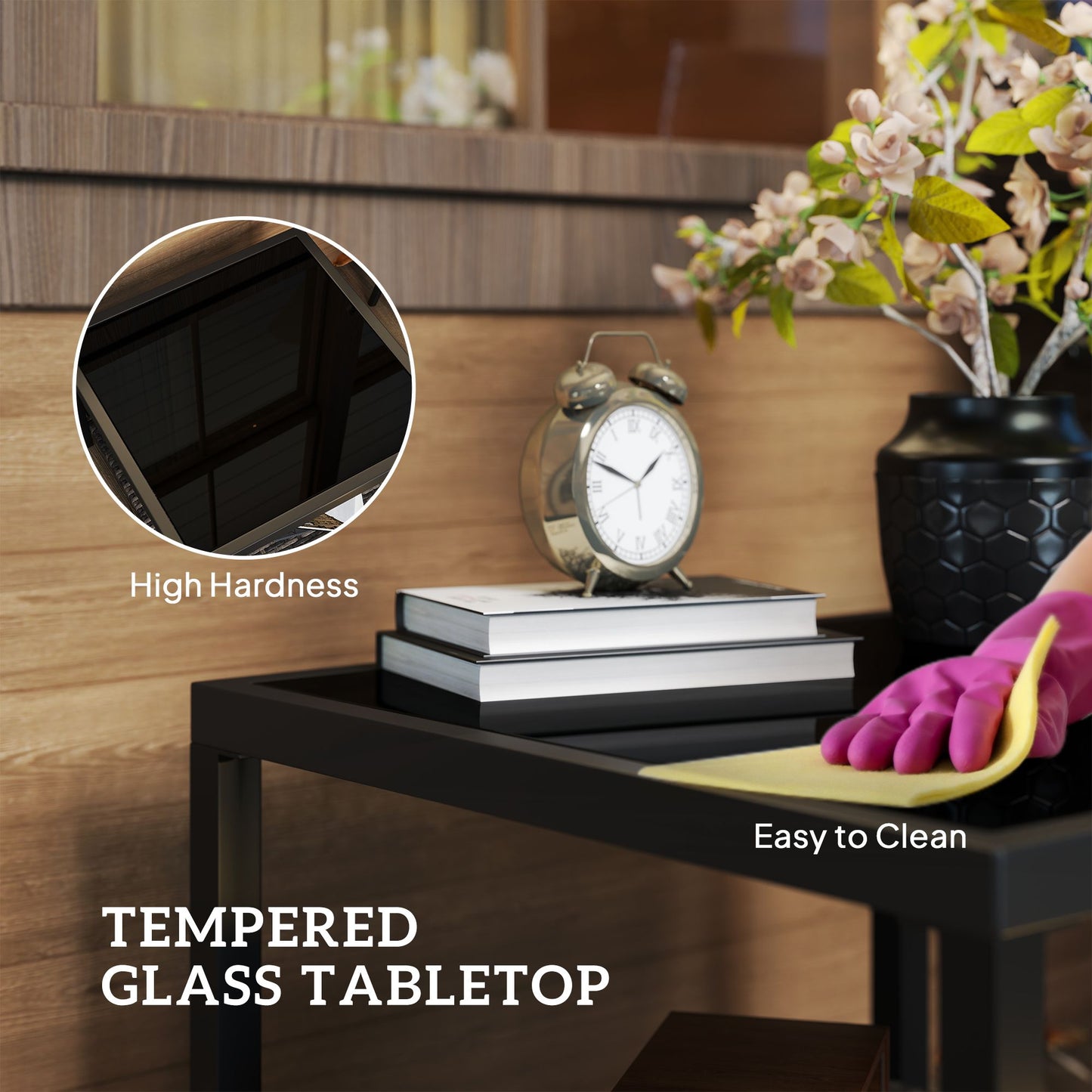 23.6" Rattan End Table, Outdoor Coffee Table with Tempered Glass Top, Storage Shelf for Patio, Garden, Balcony, Black