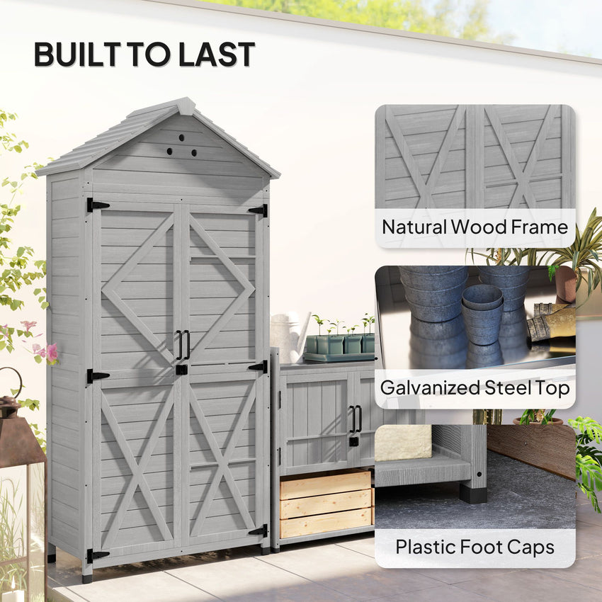 2-in-1 Outdoor Storage Cabinet, Wood Garden Shed with Shelves, Vent Holes, Foot Caps for Backyard, Patio, Lawn