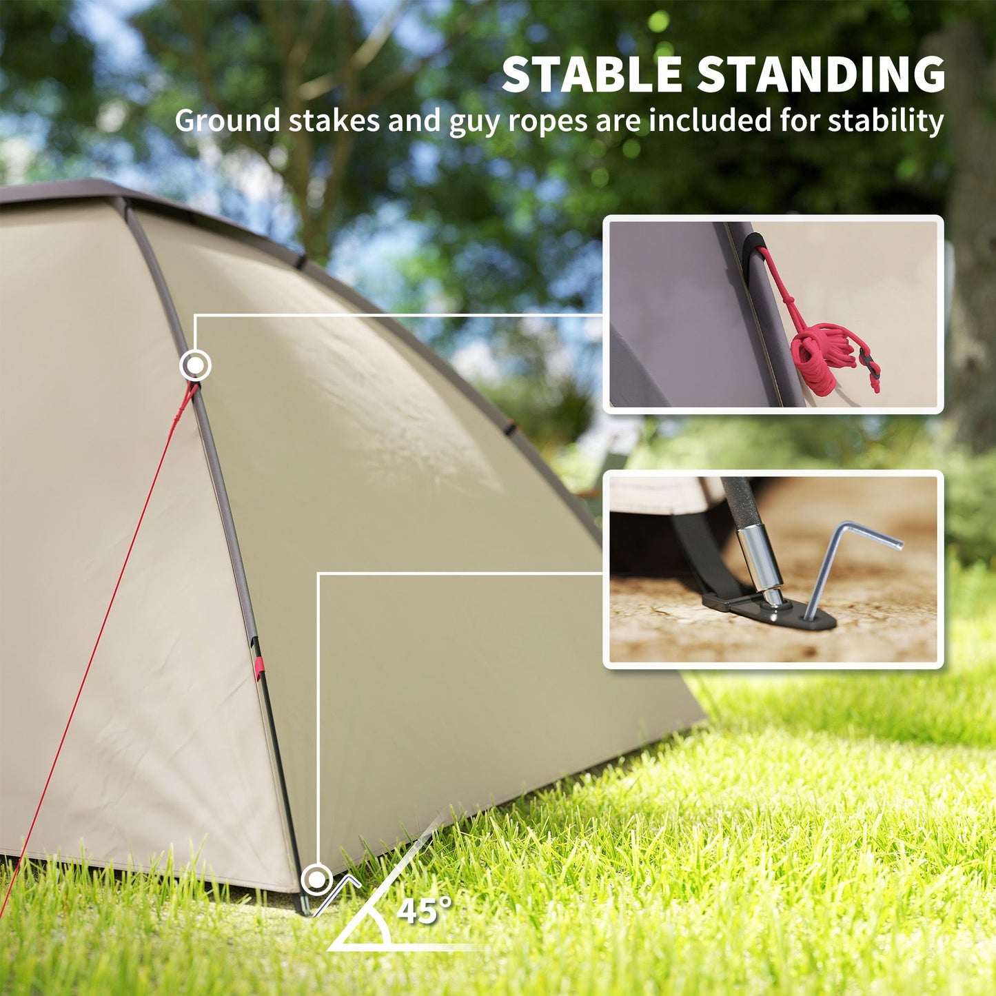 3 Person Camping Tent, Waterproof Family Dome Tent with Bedroom, Porch, Sewn-in Groundsheet and Hook, Khaki
