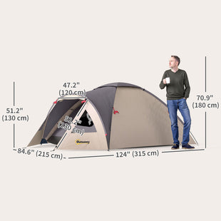 3 Person Camping Tent, Waterproof Family Dome Tent with Bedroom, Porch, Sewn-in Groundsheet and Hook, Khaki