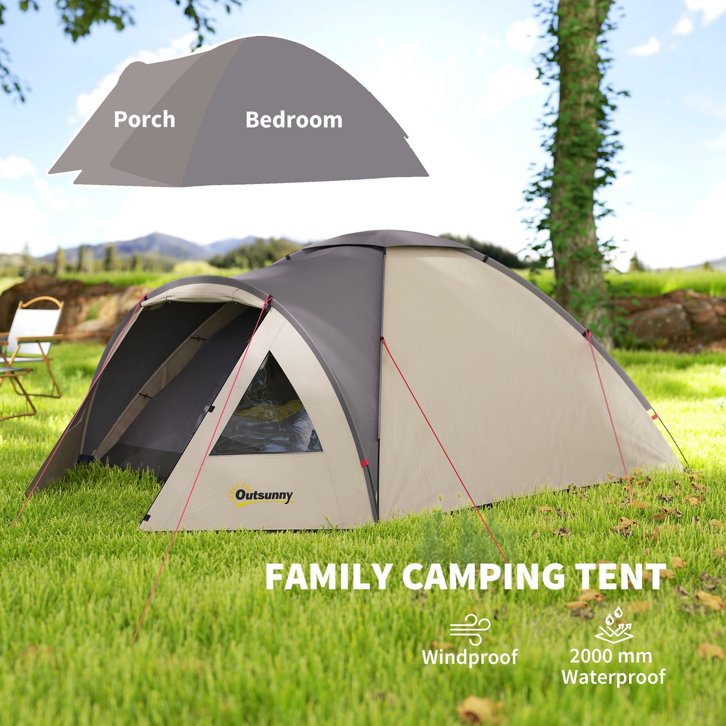 3 Person Camping Tent, Waterproof Family Dome Tent with Bedroom, Porch, Sewn-in Groundsheet and Hook, Khaki