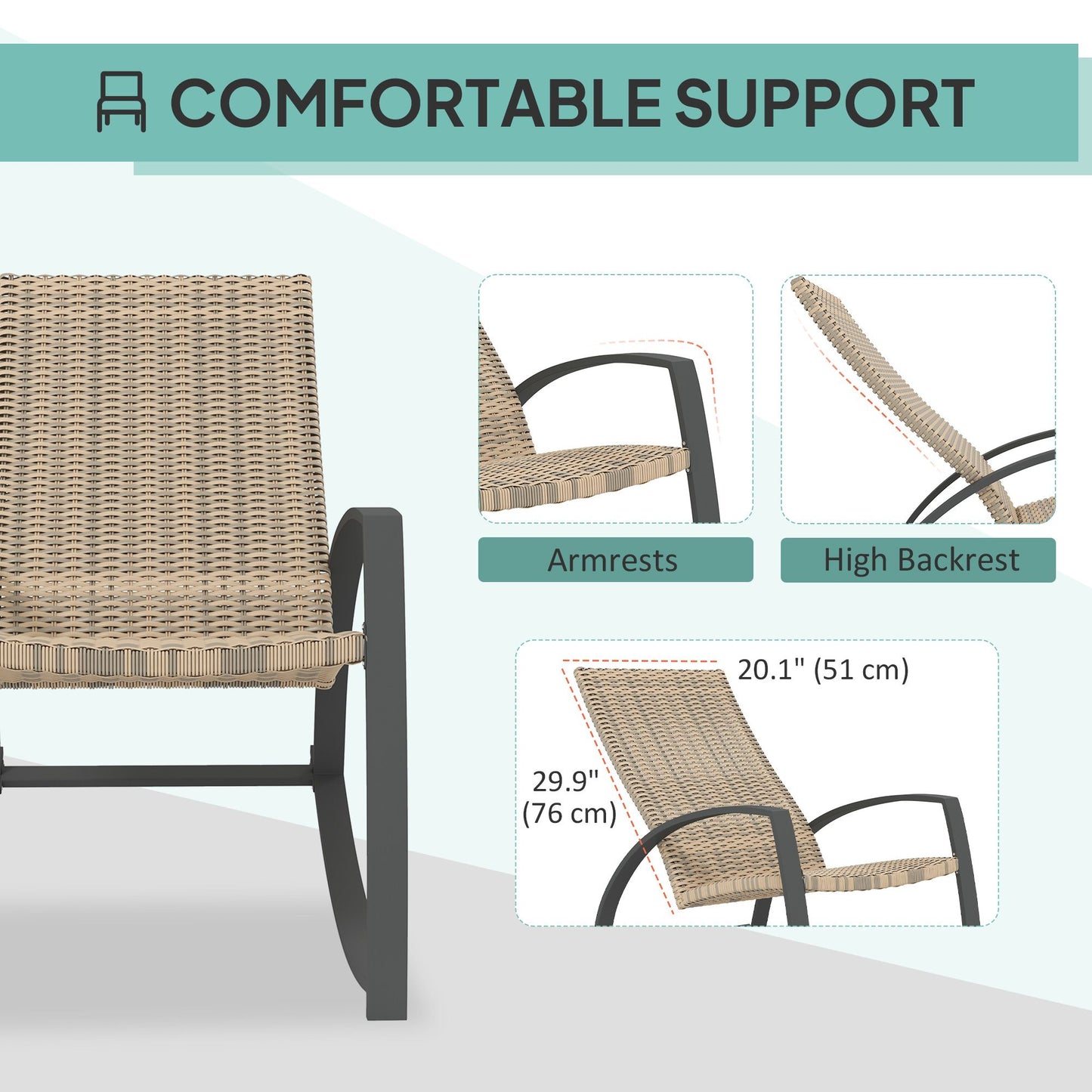 2 Pieces Wicker Patio Rocking Chair Set, Rattan Outdoor Rocking Chair Set with High Back, Armrests for Garden, Khaki