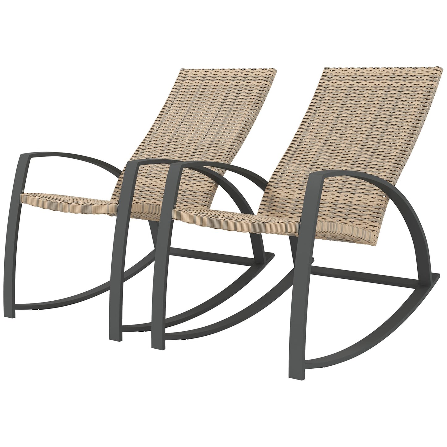 2 Pieces Wicker Patio Rocking Chair Set, Rattan Outdoor Rocking Chair Set with High Back, Armrests for Garden, Khaki
